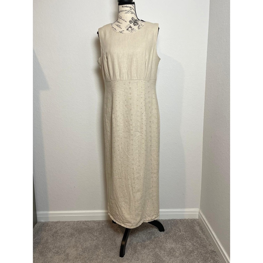 Sagharbor Womens Sheath Dress Beige 12 Petite Linen Blend Eyelet Modest Elegant